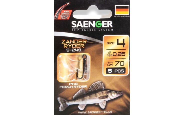 Zanderhaken gebunden 5 Stück, Größe 1/0, 70 cm Vorfachlänge Doppelhaken
